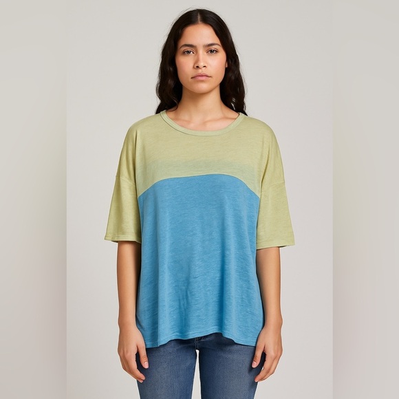 Aritzia Wilfred Free Relaxed Linen Knit Oversized Green & Blue T-shirt Top XS - Picture 1 of 10